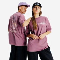 Koszulka z grafiką unisex Relax. Fioletowe bluzki damskie Decathlon, xl, bez wzorów, z bawełny, bez kołnierzyka, bez ramiączek. Za 89.99 zł.
