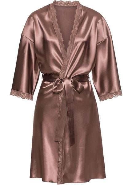 Satynowe kimono. Brązowe szlafroki damskie bonprix, bez wzorów, z satyny, bez ramiączek, bez kaptura. Za 119.99 zł.