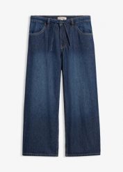 Jeansy z szerokimi nogawkami, cropped. Niebieskie jeansy damskie bonprix, bez wzorów, z jeansu. Za 149.99 zł.