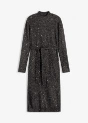 Sukienka dzianinowa z cekinami. Czarne sukienki damskie bonprix, bez wzorów, z dzianiny, bez kołnierzyka, bez ramiączek, midi. Za 159.99 zł.
