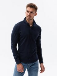 Dzianinowa męska koszula SLIM FIT z długim rękawem – granatowa V2 OM-SHCS-0177 - XXL. Niebieskie koszule męskie Ombre Clothing, l, bez wzorów, z bawełny, bez kołnierzyka, bez ramiączek. W wyprzedaży za 109.99 zł.