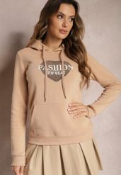 Beżowa Bluza Kangurka Ocieplona Polarem z Ozdobnym Nadrukiem Elili. Brązowe bluzy damskie Renee, l, bez wzorów, z jeansu, casualowe, bez ramiączek, bez kaptura. Za 79.99 zł.