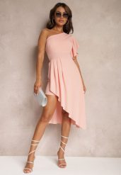 Różowa Asymetryczna Sukienka Wieczorowa na Jedno Ramię Ozdobiona Falbankami Vimasira. Czerwone sukienki damskie Renee, na lato, m, bez wzorów, eleganckie, z asymetrycznym kołnierzem, bez ramiączek, midi, asymetryczne. Za 69.99 zł.