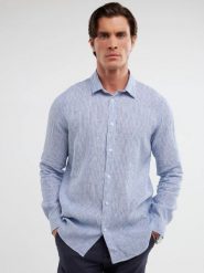 Lniana koszula męska w prążek niebieska Malekiwo 402. Niebieskie koszule męskie BIG STAR, l, bez wzorów, z jeansu, eleganckie, bez kołnierzyka, bez ramiączek. W wyprzedaży za 199.99 zł.