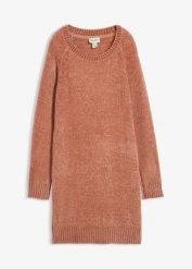 Sukienka dzianinowa oversize z szenili. Szare sukienki damskie bonprix, bez wzorów, z dzianiny, bez kołnierzyka, bez ramiączek, mini, oversize. Za 129.99 zł.