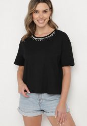Czarny Bawełniany T-shirt Ozdobiony Cyrkoniami Fadelis. Czarne t-shirty damskie Born2be, l, z aplikacjami, z bawełny, eleganckie, bez kołnierzyka, bez ramiączek. Za 39.99 zł.