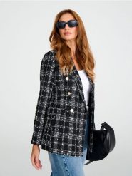 Marynarka tweedowa - czarny. Czarne marynarki i żakiety damskie Sinsay, bez wzorów, eleganckie, bez kołnierzyka, bez ramiączek. Za 79.99 zł.