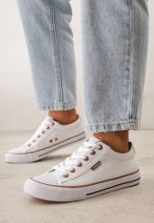 Biało-Brązowe Klasyczne Trampki do Kostki z Lamówką przy Podeszwie Kasiope. Białe trampki i tenisówki damskie Born2be, bez wzorów, z jeansu, bez zapięcia. Za 59.99 zł.