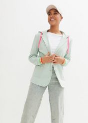 Żakiet dresowy z mieszanki wiskozy. Zielone marynarki i żakiety damskie bonprix, z aplikacjami, z dresówki, bez kołnierzyka, bez ramiączek. Za 169.99 zł.