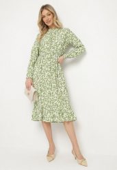 Zielona Sukienka o Rozkloszowanym Kroju z Falbankami i Gumką w Pasie Ridiluria. Zielone sukienki damskie Born2be, na co dzień, m, bez wzorów, eleganckie, bez kołnierzyka, bez ramiączek, midi, rozkloszowane. Za 89.99 zł.