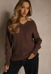 Brązowy Sweter z Dodatkiem Kaszmiru i Trójkątnym Dekoltem Silefera. Brązowe swetry nierozpinane damskie Renee, bez wzorów, z jeansu, casualowe, bez kołnierzyka, bez ramiączek. Za 99.99 zł.