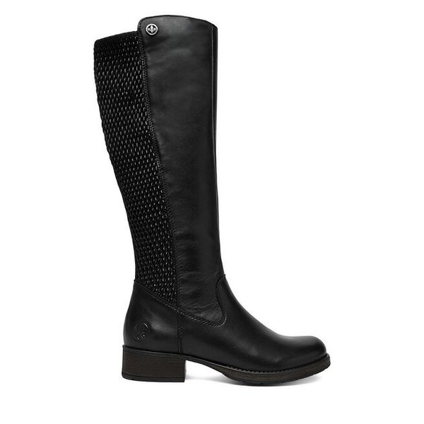 Kozaki Rieker. Czarne kozaki damskie Rieker, bez wzorów, bez obcasa, na słupku, bez zapięcia. Za 529.99 zł.