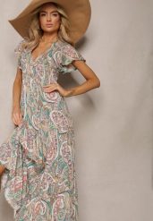 Zielona Rozkloszowana Sukienka Maxi na Guziki Ozdobiona Etnicznym Wzorem Kleriala. Zielone sukienki damskie Renee, na imprezę, na lato, l, bez wzorów, boho, bez kołnierzyka, bez ramiączek, maxi, rozkloszowane. Za 59.99 zł.