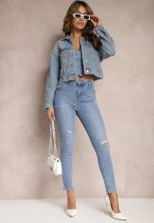 Niebieskie Jeansy z Dziurami i Przetarciami o Fasonie Skinny Klifana. Niebieskie jeansy damskie Renee, bez wzorów, z jeansu, rockowe. Za 89.99 zł.