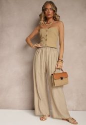 Ciemnobeżowe Wiskozowe Spodnie Palazzo High Waist z Lnem Linaselia. Brązowe spodnie materiałowe damskie Renee, bez wzorów, z jeansu, eleganckie, z podwyższonym stanem. Za 74.99 zł.