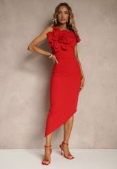 Czerwona Koktajlowa Asymetryczna Sukienka Vices z Kwiatem 3D i Falbankami Tolelira. Czerwone sukienki damskie Renee, na imprezę, na lato, l, bez wzorów, eleganckie, z asymetrycznym kołnierzem, bez ramiączek, asymetryczne. Za 109.99 zł.