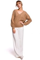 Sweter z Dekoltem w Serek - Beżowy. Brązowe swetry nierozpinane damskie MOE, l, bez wzorów, z materiału, bez kołnierzyka, bez ramiączek. Za 209.90 zł.