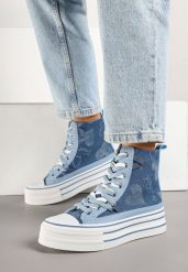 Niebieskie Trampki na Grubej Podeszwie w Serduszka za Kostkę Umirana. Niebieskie trampki i tenisówki damskie Born2be, bez wzorów, z jeansu, przed kolano, bez zapięcia. Za 89.99 zł.