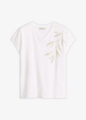 T-shirt z bawełny organcznej. Białe t-shirty damskie bonprix, z aplikacjami, z bawełny, bez kołnierzyka, bez ramiączek. Za 67.99 zł.