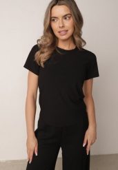 Czarny Gładki T-shirt w Klasycznym Stylu Salodone. Czarne t-shirty damskie Born2be, m, bez wzorów, z jeansu, klasyczne, bez kołnierzyka, bez ramiączek. Za 39.99 zł.