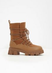Botki sznurowane, ocieplane. Brązowe botki damskie bonprix, bez wzorów, bez obcasa, bez zapięcia. Za 149.99 zł.