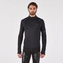 Bluza do biegania męska Kiprun Run 500 Warm ocieplana. Czarne bluzy męskie KIPRUN, m, bez wzorów, z elastanu, sportowe, bez ramiączek, bez kaptura. Za 99.99 zł.