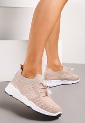 Beżowe Buty Sportowe z Metaliczną Nitką i Gumką ze Stoperem Qiliara. Brązowe obuwie sportowe damskie Born2be, bez wzorów, bez zapięcia. Za 64.99 zł.