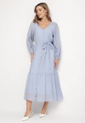 Niebieska Wiskozowa Sukienka Koszulowa o Rozkloszowanym Kroju Wiązana w Talii Frollio. Niebieskie sukienki damskie Born2be, na co dzień, m, bez wzorów, z wiskozy, eleganckie, bez kołnierzyka, bez ramiączek, maxi, koszulowe. Za 159.99 zł.