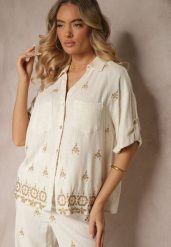 Biało-Beżowa Luźna Koszula z Wzorem Boho z Lnu i Wiskozy Karisna. Białe koszule damskie Renee, l, bez wzorów, z jeansu, boho, bez kołnierzyka, bez ramiączek. Za 74.99 zł.