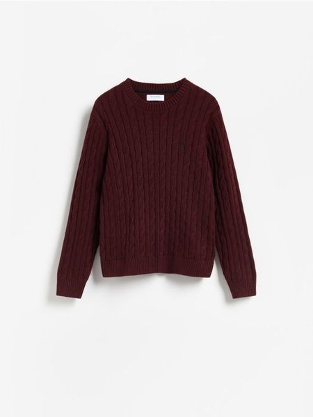 Sweter z haftem - karminowy. Czerwone swetry męskie Reserved, l, bez wzorów, z bawełny, bez kołnierzyka, bez ramiączek. Za 149.99 zł.