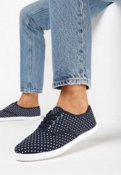Granatowe Tenisówki w Kropki przed Kostkę Renormia. Niebieskie trampki i tenisówki damskie Born2be, bez wzorów, przed kostkę, bez zapięcia. Za 34.99 zł.