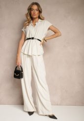 Beżowy Komplet z Wiskozy w Prążki Koszula na Krótki Rękaw ze Spodniami Fenlina. Brązowe koszule damskie Renee, m, bez wzorów, z wiskozy, eleganckie, bez kołnierzyka, bez ramiączek. Za 209.99 zł.