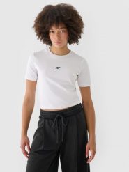 4F T-shirt slim cropped damski - biały L. Białe t-shirty damskie 4F, l, bez wzorów, z bawełny, sportowe, bez kołnierzyka, bez ramiączek. W wyprzedaży za 29.99 zł.