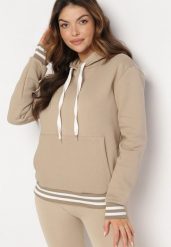 Beżowa Bawełniana Bluza z Kapturem i Ściągaczami w Paski Nempis. Brązowe bluzy damskie Born2be, na zimę, bez wzorów, z bawełny, casualowe, bez ramiączek, z kapturem. Za 99.99 zł.