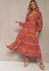 Czerwona Sukienka z Dekoltem w V o Rozkloszowanym Fasonie w Print Paisley Akka. Czerwone sukienki damskie Renee, na co dzień, l, bez wzorów, z zamszu, eleganckie, bez kołnierzyka, bez ramiączek, maxi, rozkloszowane. Za 79.99 zł.