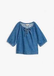 Bluzka jeansowa w paski, z bawełny. Niebieskie bluzki damskie bonprix, bez wzorów, z bawełny, bez kołnierzyka, bez ramiączek. Za 144.99 zł.
