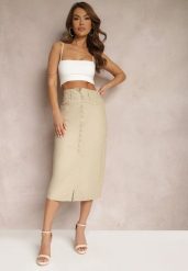 Jasnobeżowa Spódnica z Ekoskóry High Waist z Rozcięciem i Napami z Przodu Asttia. Brązowe spódnice damskie Renee, na co dzień, na zimę, m, bez wzorów, z bawełny, z podwyższonym stanem, midi, dopasowane. Za 49.99 zł.