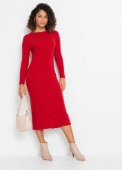 Sukienka dzianinowa z mieszanki wiskozy. Czerwone sukienki damskie bonprix, bez wzorów, z dzianiny, bez kołnierzyka, bez ramiączek, dopasowane. Za 124.99 zł.