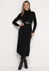 Czarna Sukienka Dzianinowa z Domieszką Wełny i Ozdobnym Paskiem Nirisia. Czarne sukienki damskie Born2be, na co dzień, m, bez wzorów, z dzianiny, eleganckie, bez kołnierzyka, bez ramiączek, maxi, proste. Za 159.99 zł.