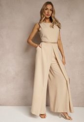 Beżowy Kombinezon Bez Rękawów z Nogawkami Wide Leg Noreldi. Brązowe sukienki damskie Renee, m, bez wzorów, eleganckie, bez kołnierzyka, bez ramiączek. Za 109.99 zł.