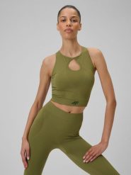4F Top do jogi slim szybkoschnący damski - oliwkowy M/L. Brązowe topy damskie 4F, l, bez wzorów, z włókna, klasyczne, bez kołnierzyka, bez ramiączek. Za 119.99 zł.