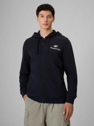 4F Bluza dresowa regular z kapturem męska - granatowa XL. Niebieskie bluzy męskie 4F, m, bez wzorów, z dresówki, bez ramiączek, z kapturem. Za 189.99 zł.