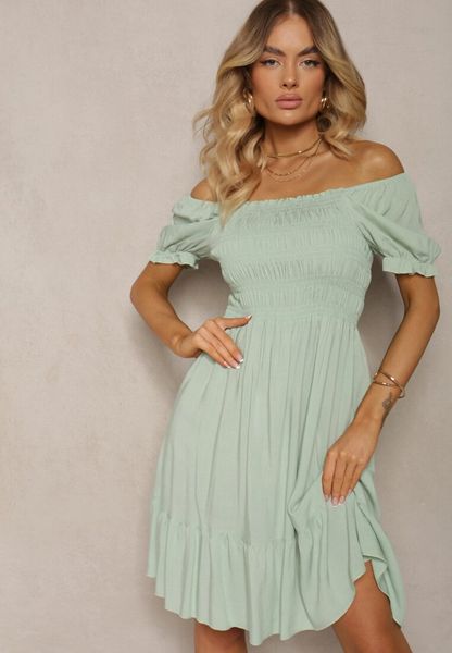 Zielona Bawełniana Sukienka o Rozkloszowanym Kroju z Gumką przy Dekolcie Moridia. Zielone sukienki damskie Renee, na imprezę, m, bez wzorów, z bawełny, eleganckie, bez kołnierzyka, bez ramiączek, mini, dopasowane. Za 49.99 zł.