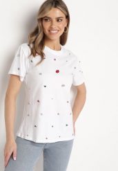 Biały T-shirt Ozdobiony Kolorowymi Cyrkoniami Wiadea. Białe t-shirty damskie Born2be, l, bez wzorów, casualowe, bez kołnierzyka, bez ramiączek. Za 39.99 zł.