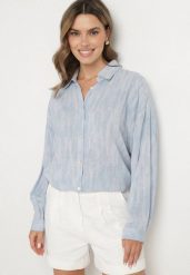 Niebieska Koszula z Lnu i Wiskozy we Wzór Tie-Dye Rediana. Niebieskie koszule damskie Born2be, uniwersalny, bez wzorów, z jeansu, eleganckie, bez kołnierzyka, bez ramiączek. Za 84.99 zł.