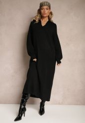 Czarna Sweterkowa Sukienka z Wiskozą o Pudełkowym Kroju Ozdobiona Kołnierzykiem Clarinnae. Czarne sukienki damskie Renee, bez wzorów, z wiskozy, eleganckie, bez kołnierzyka, bez ramiączek, maxi, kopertowe. Za 119.99 zł.