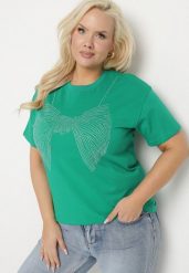 Ciemnozielony T-shirt ze Wzorem z Cyrkonii Olisellea. Zielone t-shirty damskie Born2be, xl, bez wzorów, z bawełny, bez kołnierzyka, bez ramiączek. Za 44.99 zł.