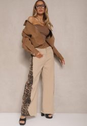 Beżowe Jeansy z Bawełny High Waist ze Wzorem Panterki Velliane. Brązowe jeansy damskie Renee, bez wzorów, z bawełny, z podwyższonym stanem. Za 89.99 zł.