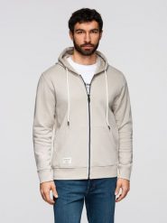 Bluza męska bawełniana dresowa BASIC rozpinana z kapturem - jasnobeżowa V1 - Rozmiar: M. Szare bluzy męskie Ombre Clothing, m, z aplikacjami, z bawełny, biznesowe, bez ramiączek, z kapturem. W wyprzedaży za 118.99 zł.