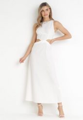 Biała Trapezowa Sukienka Maxi z Wycięciami Amandika. Białe sukienki damskie Born2be, l, bez wzorów, bez kołnierzyka, bez ramiączek, maxi, trapezowe. Za 84.99 zł.